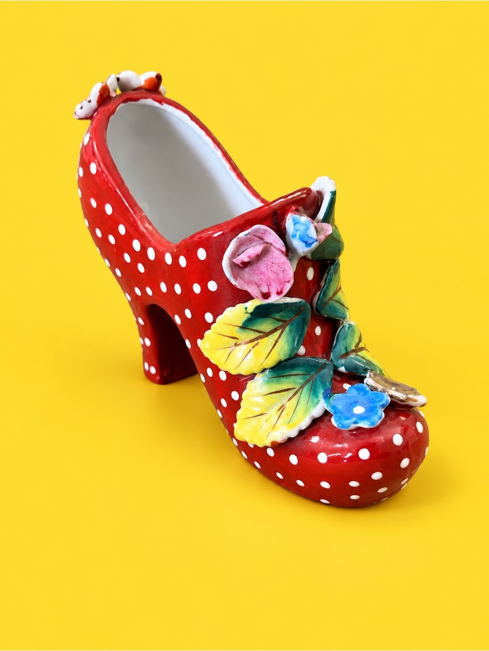 Vintage Made in Japan Ceramic High Heel Shoe Figurine Red Polka Dot Floral 6”